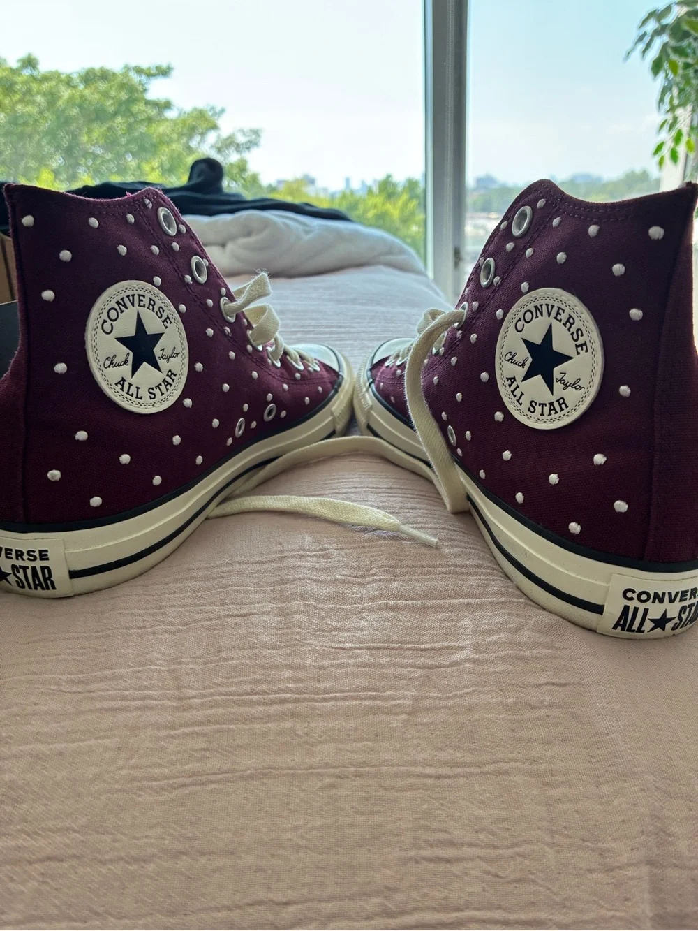 Converse Burgundy and White Polka Dot High-Top Sneakers